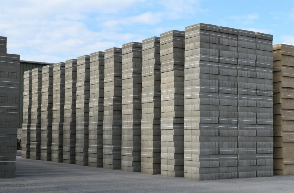 Stack of Lignacite's sustainable concrete blocks