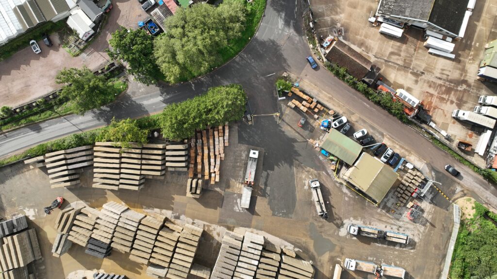 Aerial photo of Lignacite site with sustainable concrete block stacks