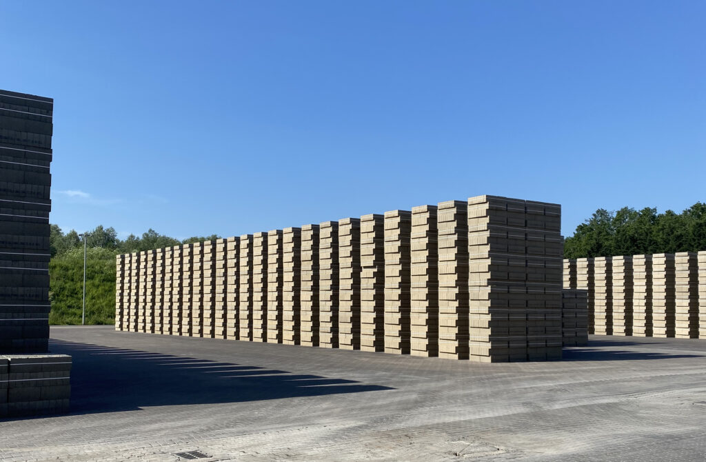 Stacks of Lignacite concrete hollow blocks