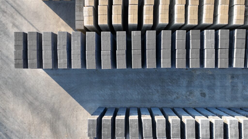 Stacks of hundreds of concrete blocks as seen from above