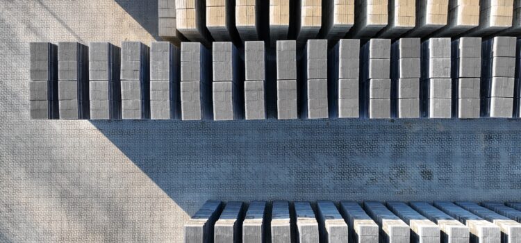 Stacks of hundreds of frost resistant concrete blocks as seen from above