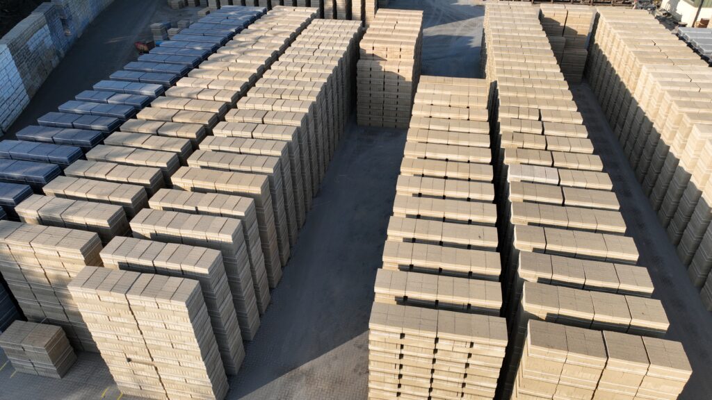 Stacks of lignacite concrete blocks from above